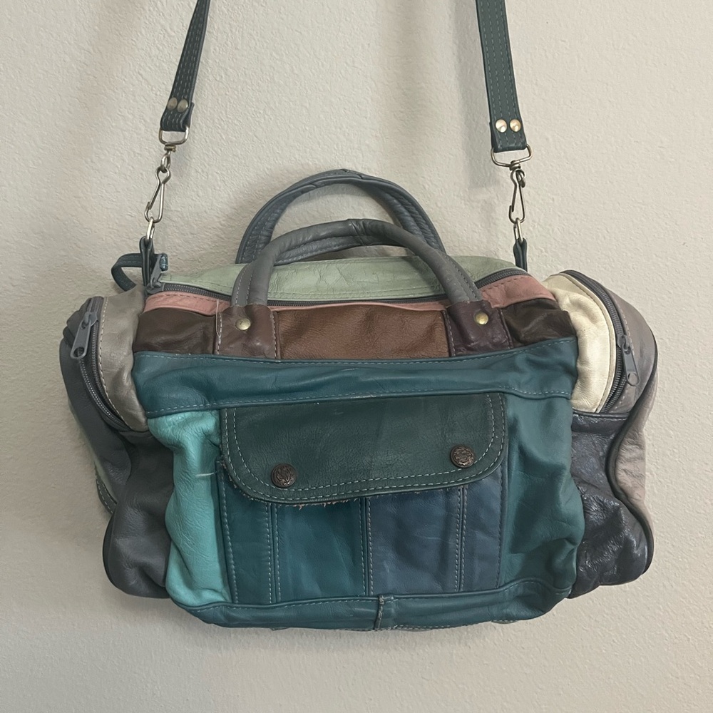 Vintage 70's mod hippie‎ multi-color patchwork Leather Weekender duffle bag